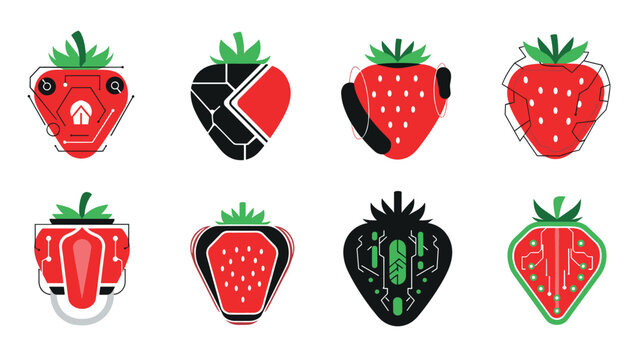 set of creative strawberry icons with futuristic technology and circuit board elements for modern food tech concepts.