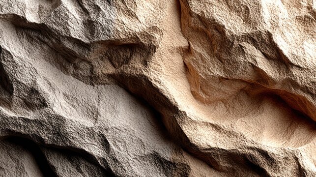 Close-up of rugged, textured surface; shades of tan and gray create depth