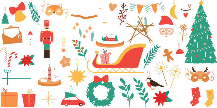 Collection of Christmas holiday elements with festive decorations Santa sleigh gifts and winter vector illustration set