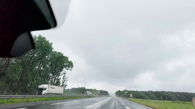 Driving on a Wet Highway in Rainy Weather Near Paris France