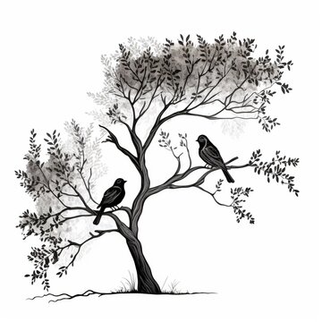 A delicate line art illustration of a tree with two lovebirds together.