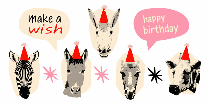 vector illustration of animals wearing party hats with speech bubbles