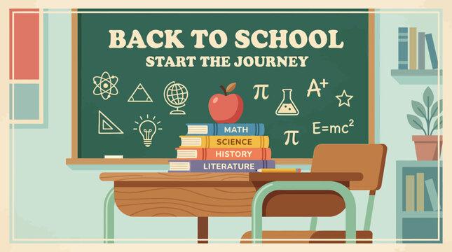 Illustration of a classroom with a green chalkboard reading 'Back to School Start the Journey' and educational icons, with a wooden desk and chair, against a light green background.