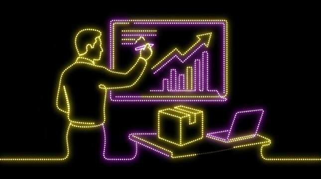 Entrepreneur analyzing e-commerce growth with neon graphics