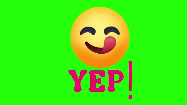 A Yum Face Face Savoring Food Emoji Animation with Pink "YEP!" Text 4k stock animation video on a green screen background for chroma key background for video editing.