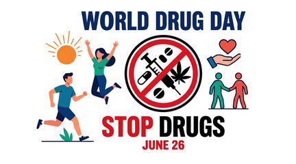 Fototapeta premium World Drug Day awareness vector illustration with stop drugs campaign and healthy lifestyle support concept