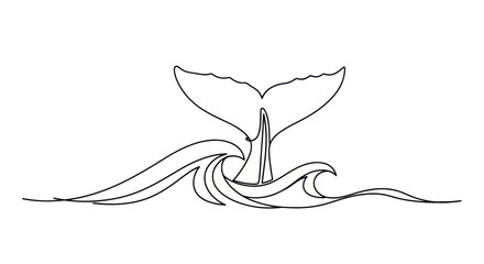Whale Tail Fin Splash, Ocean Wave Line Art Illustration © cicok