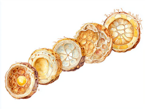 Human embryonic development anatomy illustration showing cell division sequence with cleavage stages morula and blastocyst progression in warm amber gold tones on white background
