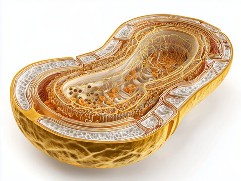 Human liver hepatic lobule anatomy illustration showing 3D bowl cross section with central vein sinusoid network hepatocyte plates and lobular architecture in warm amber gold tones on white background