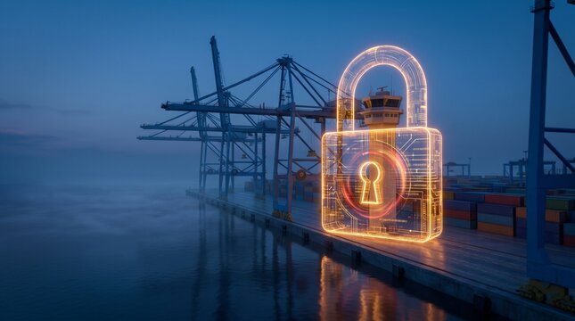 Maritime Port Security Lock in Foggy Harbor for Logistics Data Protection Concept