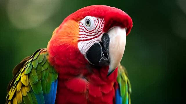 Vibrant Green Winged Macaw Parrot Perched on a Branch in Lush Rainforest.