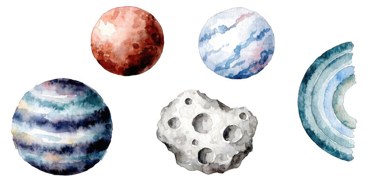 Watercolor Planet and Space Elements Clipart Set Isolated on Transparent Background