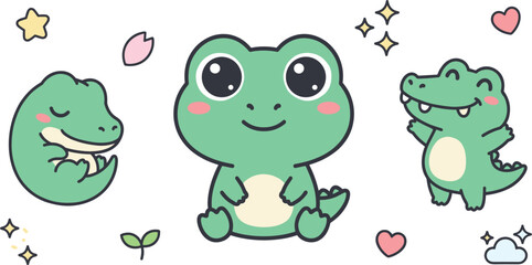 Naklejka premium Kawaii Cute Cartoon Baby Crocodile Vector Set Featuring Adorable Chibi Alligator Characters with Hearts Stars Sprout and Pastel Nursery Sticker Elements