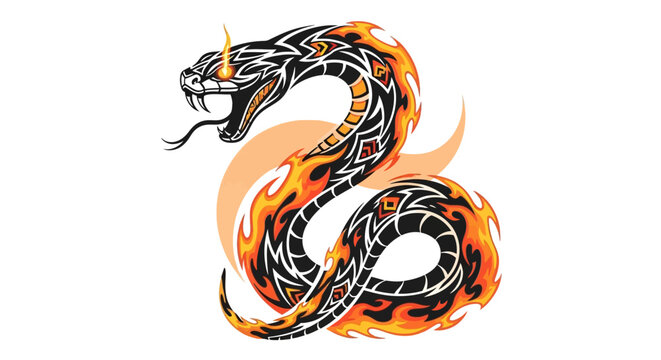 Snake with flames around body coiled.