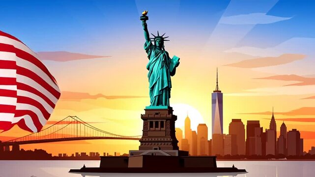 Statue of Liberty with NYC Sunset.