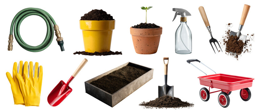 Set of checklist kit equipment material for planting farming gardening, soil fertiliser seedling seed, weeder shovel trowel spade, pot glove, spray nozzle, wheelbarrow, transparent cutout PNG mockup