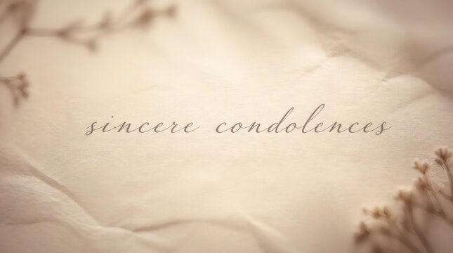 sincere condolences cursive text on warm beige handmade paper background with soft gradient and subtle glow empathy sympathy compassion comfort serenity solace condolence card memorial grief support m