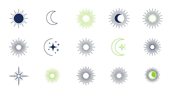 Celestial Icons: Sun, Moon, Stars, and Crescent Moon Set