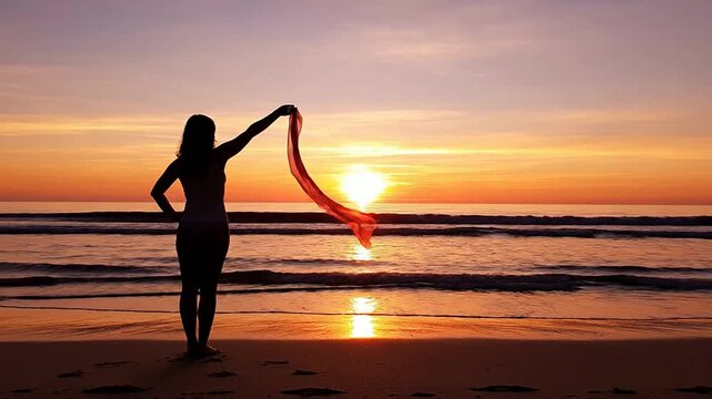 Empowering Silhouette of a Woman Holding a Flowing Scarf Against a Vibrant Sunset at the Beach
