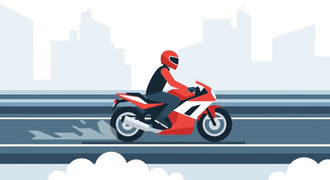 Man riding red motorcycle fast road.
