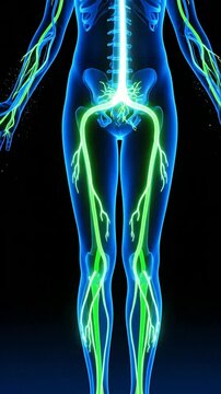 Illuminating Representation of the Human Skeletal Structure Highlighting Circulatory and Nervous Systems with Blue Light Pathways on Black Background