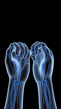 Illustration of Glowing Human Hands with Vascular Anatomy Emphasizing Blood Flow and Circulation for Medical and Health Visuals