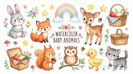 Obraz premium Watercolor baby animals collection, cute woodland forest creatures vector set, nursery illustrations with fox deer rabbit owl and squirrel