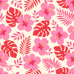 Fototapeta premium Tropical hibiscus seamless pattern with monstera palm leaves exotic floral summer botanical background textile wallpaper design.