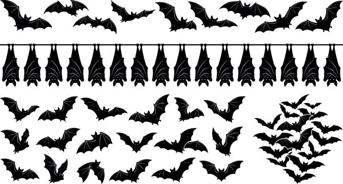 Black Bat Silhouette Vector Set with Flying Swarms and Hanging Colonies for Halloween Party Decorations Spooky Graphic Backgrounds and Horror Cutting Stencils