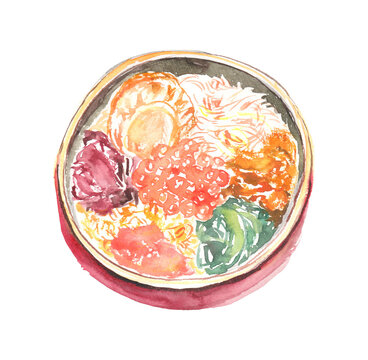 Watercolor illustration of ezo wappa bento on transparent background