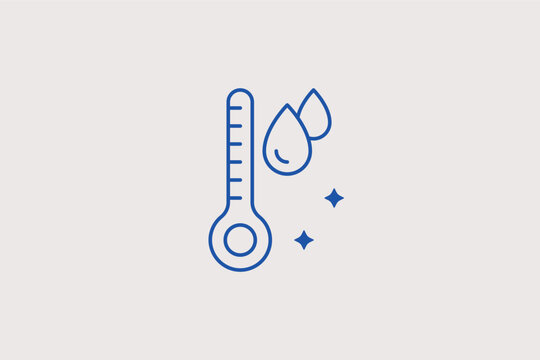 Thermometer with liquid rain drops line icon for high humidity weather forecasting. Vector illustration for damp climate warning systems and greenhouse environment tracker apps.