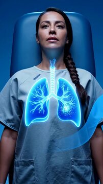 Woman in Medical Gown with Digital Representation of Lungs Highlighting Medical Technology Against Blue Background