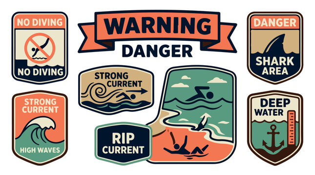 Vintage beach warning signs and ocean danger badges, retro nautical safety icons set, sea hazard labels with shark and rip current alerts