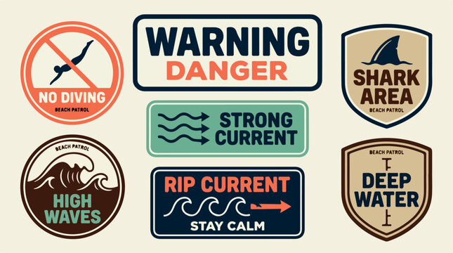 Vintage beach safety signs and warning labels, retro ocean danger icons set, nautical beach patrol badges for high waves and shark area