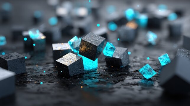 Geometric dark solid blocks interact with bright glowing cyan crystalline structures on a damp surface
