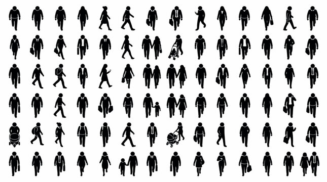 Walking people silhouettes, large collection of 84 human figures in motion, black pedestrian vector set for urban planning and architectural visualization