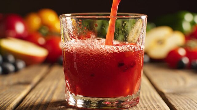 Fresh red fruit juice pouring into a glass on wood