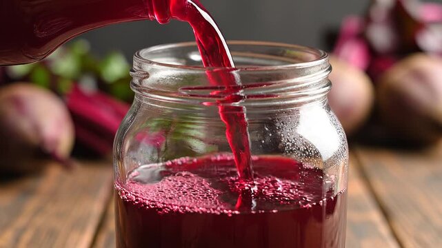 Red Beetroot Juice Poured from Bottle into Glass Jar