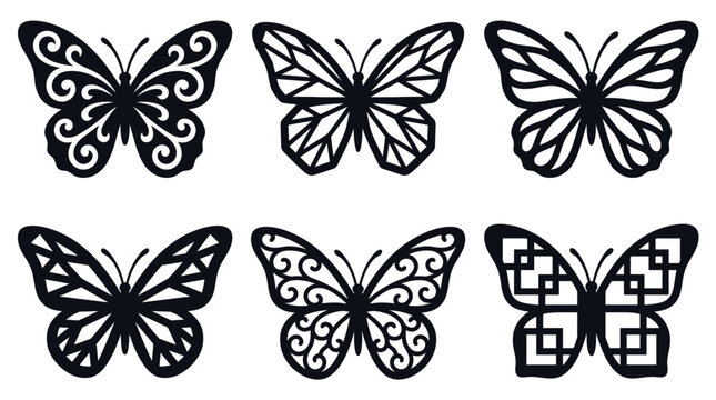Decorative black butterfly silhouettes with intricate geometric and floral patterns arranged in a structured grid format