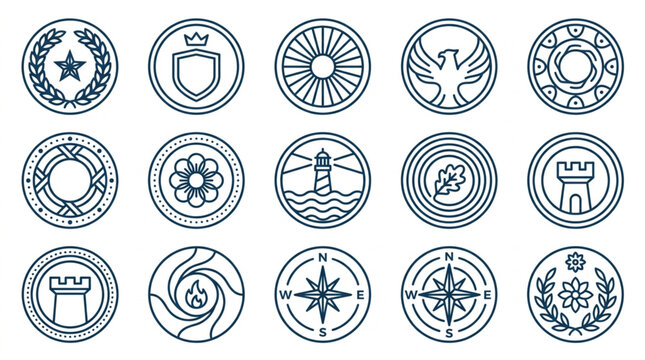 Collection of Circular Emblems and Icons in Outline Style.
