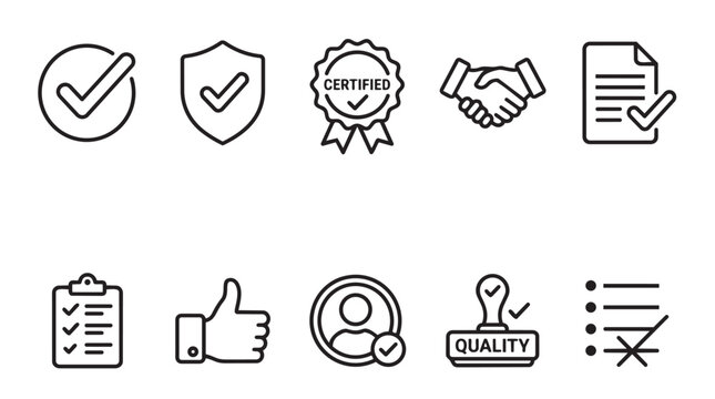 Business and approval icons: checkmarks shield certification handshake document