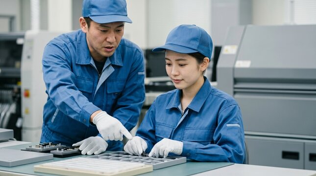 製造業の現場でベテラン作業員からOJT指導を受けながら部品検査を行う日本人女性スタッフ