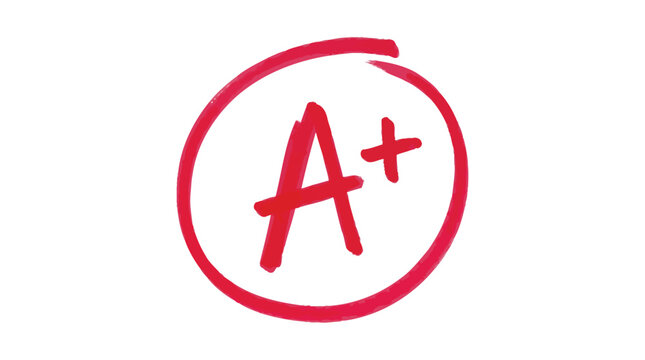 Bright red handwritten grade a plus symbol circled by a teacher on a white paper sheet