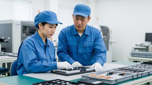 製造業の現場で精密部品の検査作業とOJTによる教育研修を行う日本人男女の作業員