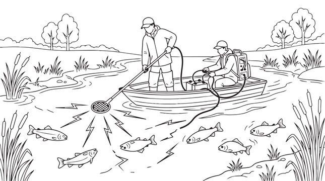 Electrofishing illustration with two men in a boat catching fish in a lake