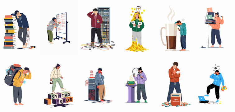 Illustrations depicting stressed software developers and IT professionals facing various work challenges, deadlines, technical errors, and burnout in a creative cartoon style.