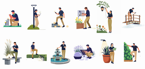 Fototapeta premium Collection of flat vector illustrations showing technicians installing and maintaining various types of outdoor and landscape lighting systems for residential and commercial gardens.
