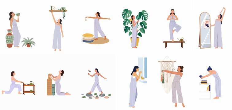 Set of flat illustrations depicting a woman engaged in various mindfulness and self-care activities for a healthy daily routine and well-being.