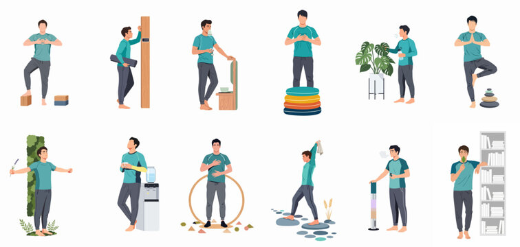 Vector illustration set of a young man practicing mindfulness, yoga, breathing exercises, and healthy lifestyle habits for mental and physical well-being.
