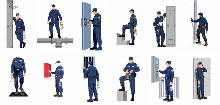 Set of illustrations of a security guard or prison officer in various professional scenarios including monitoring patrolling and managing security systems